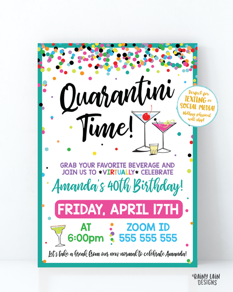 Adult Virtual Birthday Invitation Virtual Girls Night Quarantini, Cocktail, Ladies Night, Happy Hour Lady Date, Video Chat Social Distancing