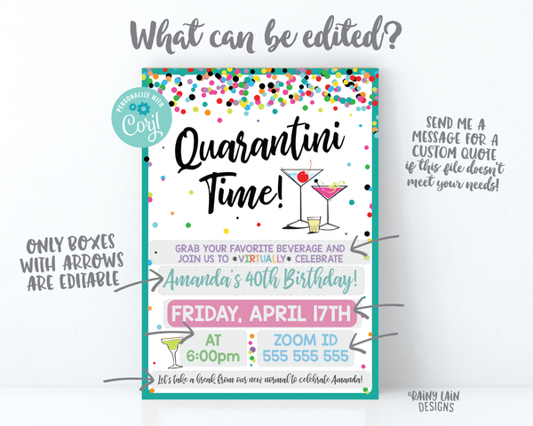 Adult Virtual Birthday Invitation Virtual Girls Night Quarantini, Cocktail, Ladies Night, Happy Hour Lady Date, Video Chat Social Distancing