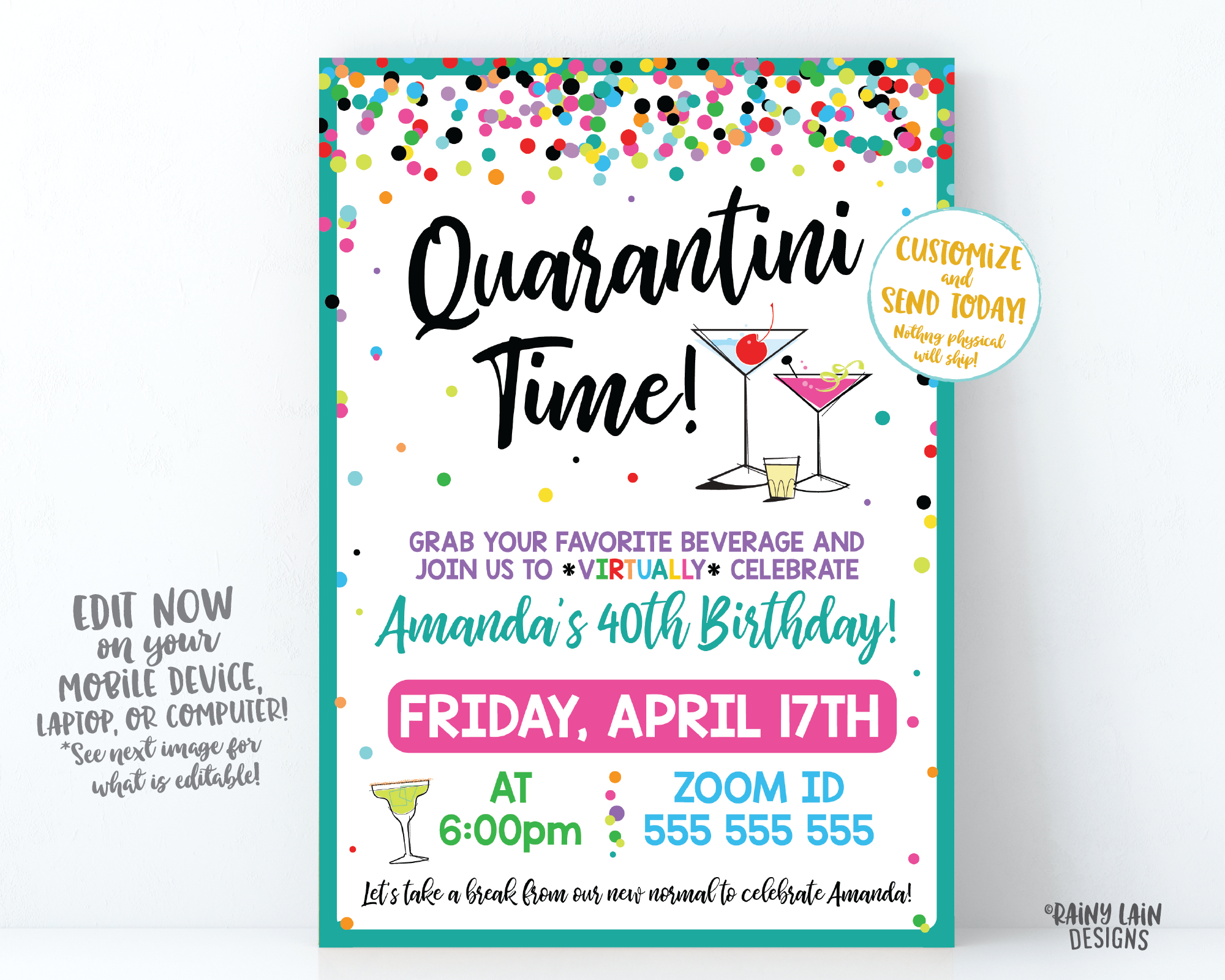 Adult Virtual Birthday Invitation Virtual Girls Night Quarantini, Cocktail, Ladies Night, Happy Hour Lady Date, Video Chat Social Distancing