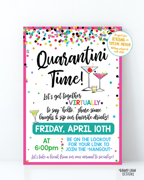 Quarantini Time Invitation, Virtual Girls Night Invite, Virtual Happy Hour, Virtual Lady Date Invitation, Video Chat Social Distancing Party