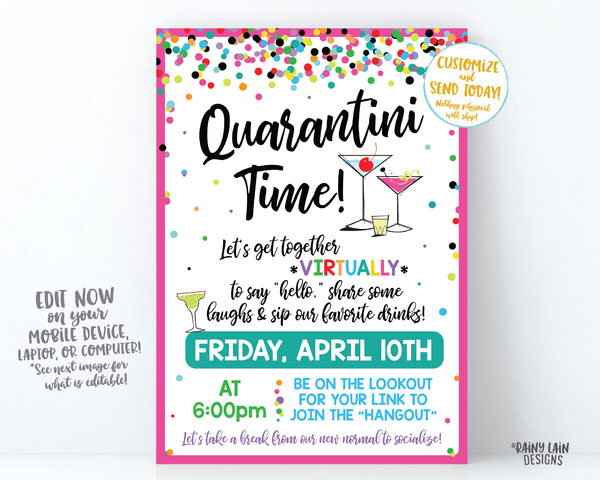 Quarantini Time Invitation, Virtual Girls Night Invite, Virtual Happy Hour, Virtual Lady Date Invitation, Video Chat Social Distancing Party