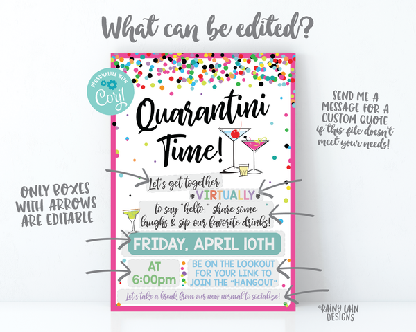 Quarantini Time Invitation, Virtual Girls Night Invite, Virtual Happy Hour, Virtual Lady Date Invitation, Video Chat Social Distancing Party