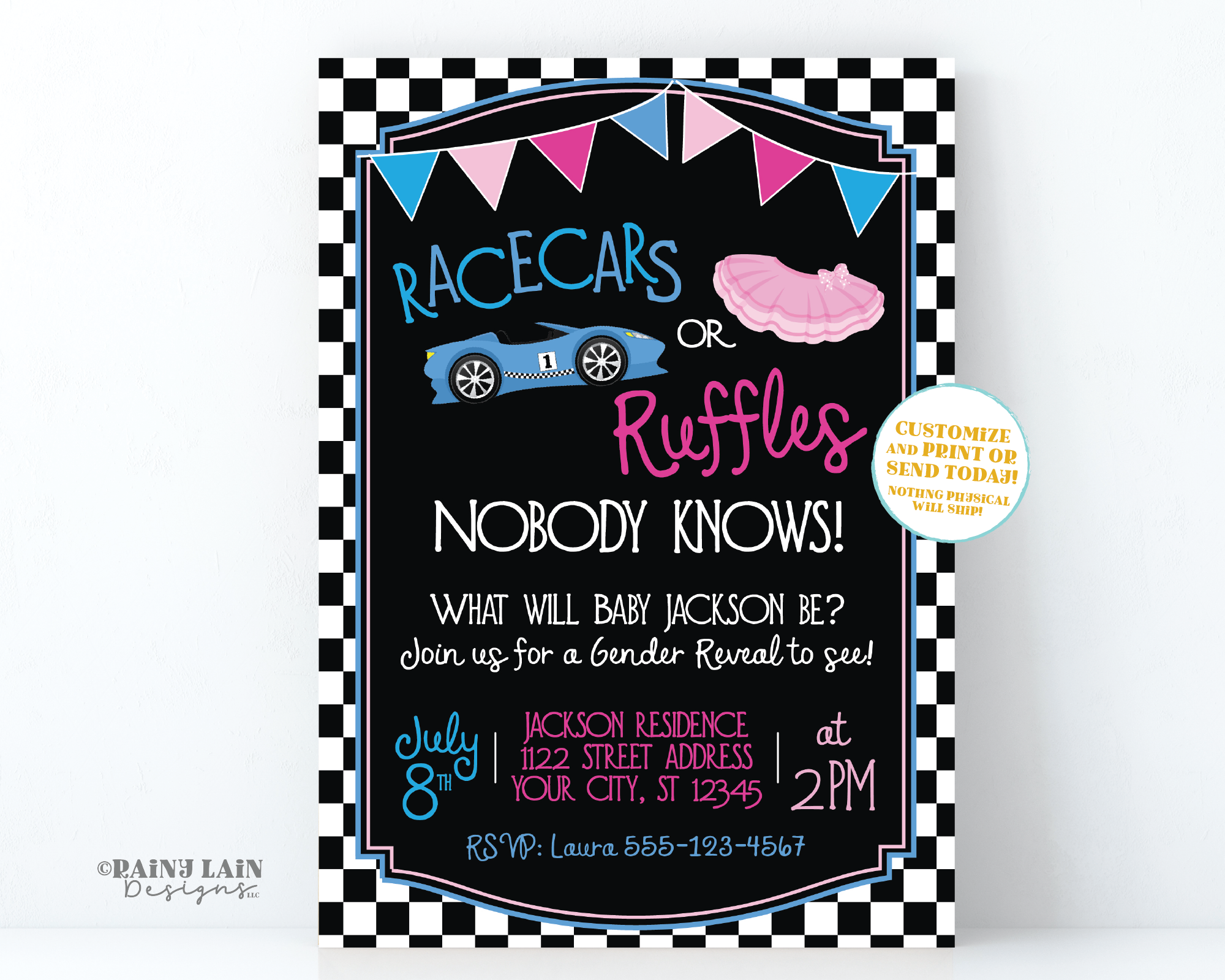 Racecars or Ruffles Gender Reveal Invitation Car Gender Reveal Invite Race Car Checker Flag Bunting Tutu Blue and Pink Chalkboard
