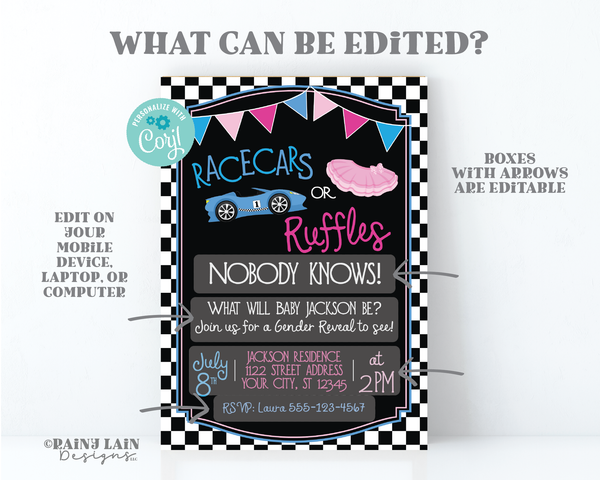 Racecars or Ruffles Gender Reveal Invitation Car Gender Reveal Invite Race Car Checker Flag Bunting Tutu Blue and Pink Chalkboard