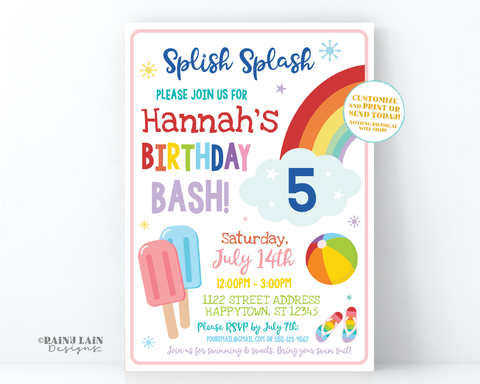 Swim Party Invite Splish Splash Summer Birthday Party Invitation Pool Party  Popsicles Pop Beach Ball Rainbow Flip Flop Sandals