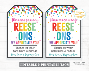 Reese Ons we Appreciate You tag Peanut Better Cup Chocolate Gift tag Printable appreciation teacher staff thank you school pto