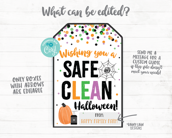 Wishing you a safe and clean halloween Tags Printable Halloween Tag Editable Hand Sanitizer Tags Halloween 2020 Ideas Halloween Gift tags