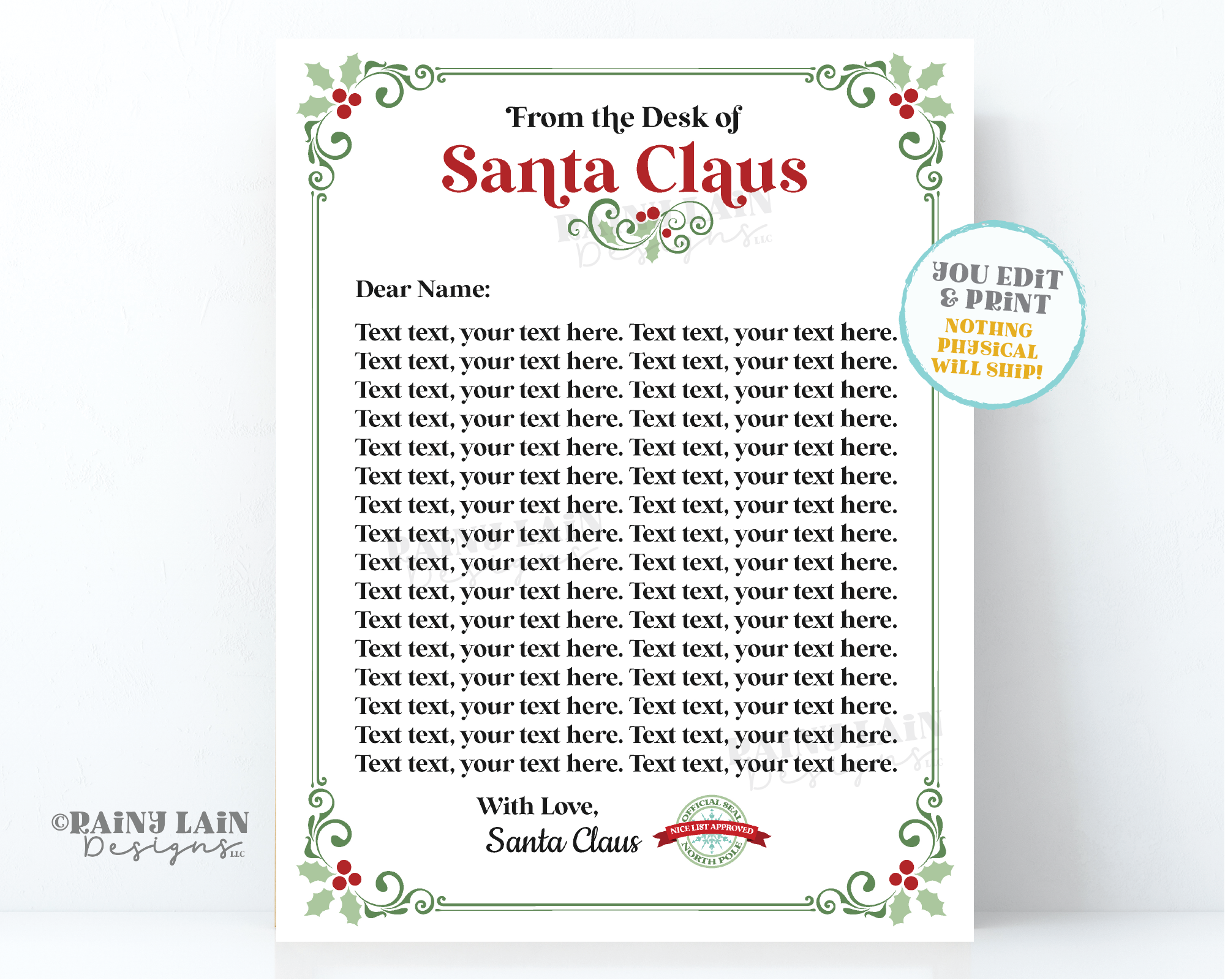 Editable Letter from Santa Letter Nice List Letter Christmas Printable Santa Kit Santa Approved Official Nice List Printable