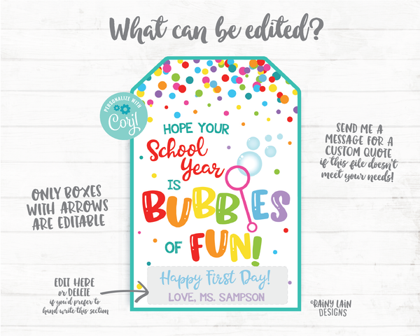 Hope your school year is Bubbles of Fun, Happy First day of school, student welcome student teacher back to school first day bubbles tag