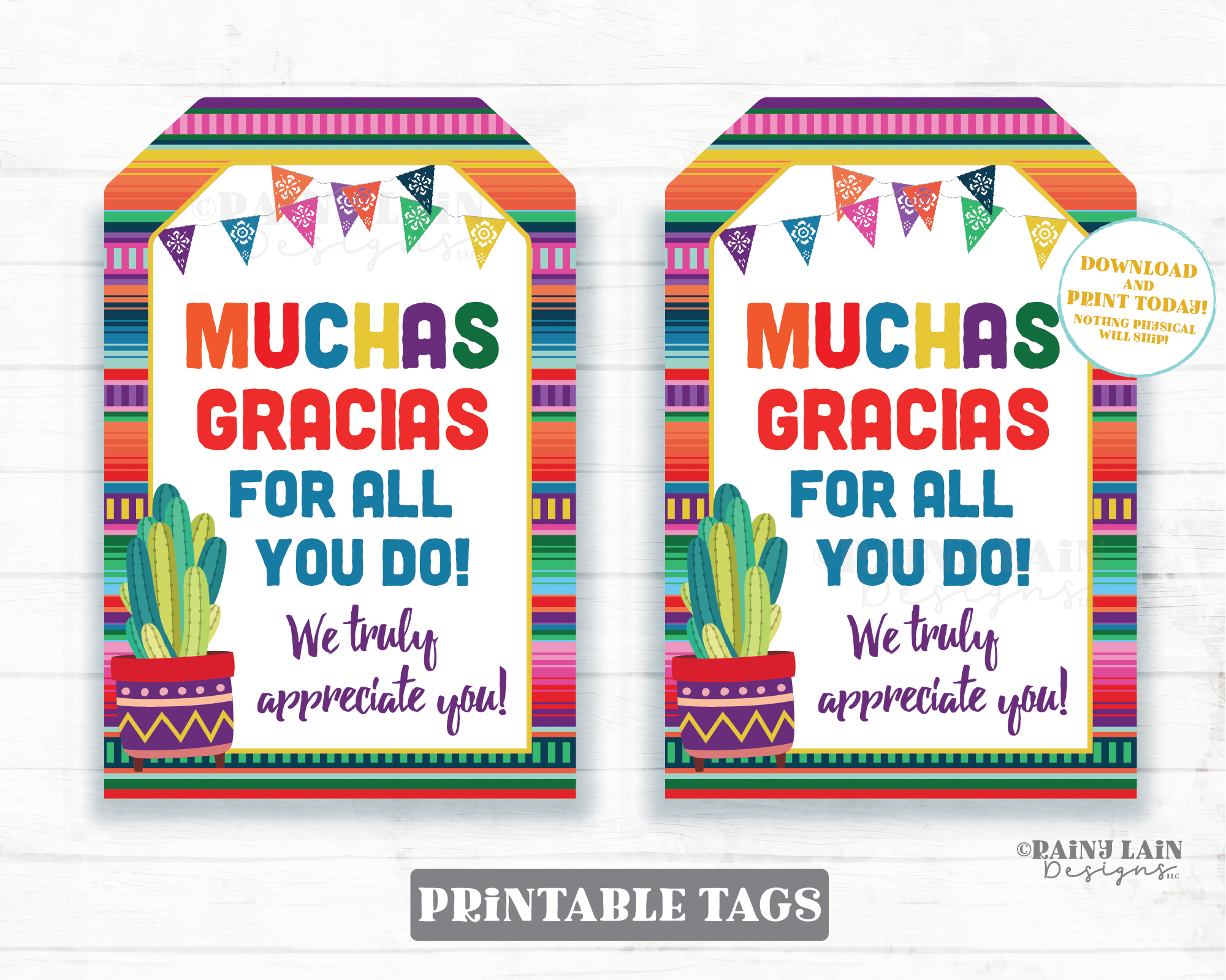 Muchas Gracias Tags Teacher Appreciation Gift Tags Appreciation Teacher Thank You Tags Nacho Average Serape Cactus Printable Tag