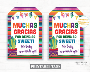 Muchas Gracias for being sweet Teacher Appreciation Gift Tags Teacher Staff Thank You Serape Cactus Printable Candy Chocolate Sweets Cookie