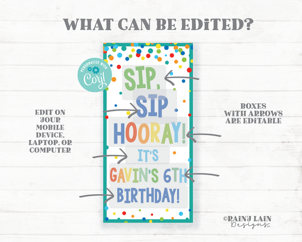 Sip Sip Hooray Birthday Favor Straw Silly Straw Favor Tags Crazy Birthday Party Favor Silly Straw Party Favor Tag Rainbow Confetti Editable