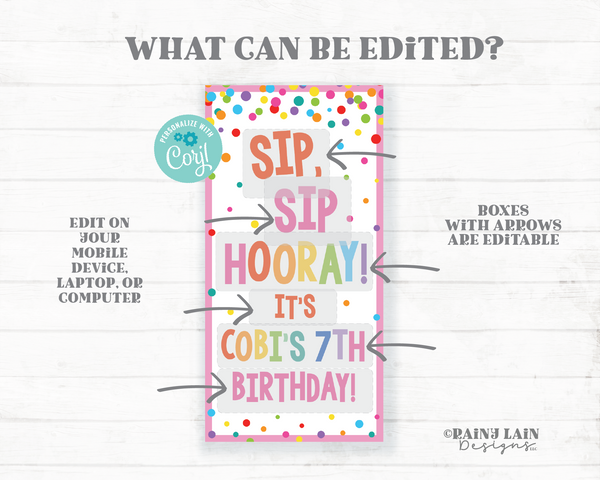 Silly Straw Favor Tags Sip Sip Hooray Birthday Favor Crazy Birthday Party Favor Straw Reusable Party Favor Tag Rainbow Confetti Editable