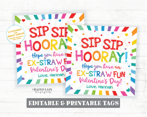 Straw Valentine Sip Sip Hooray Ex-STRAW Fun Valentine's Day Tag Silly Crazy Bendy Printable Kids Preschool Classroom Non-Candy Favor Gift