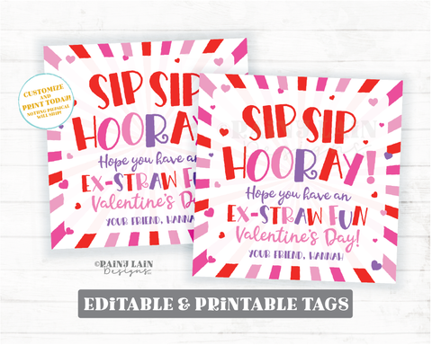 Straw Valentine Sip Sip Hooray Ex-STRAW Fun Valentine's Day Tag Crazy Bendy Silly Kids Printable Preschool Classroom Non-Candy Favor Gift