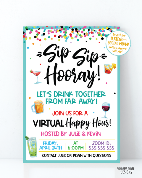 Virtual Happy Hour Invitation, Sip Sip Hooray Let's Drink Together from Far Away, Virtual Party Invitation, Quarantini, Social Distancing