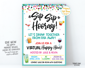 Virtual Happy Hour Invitation, Sip Sip Hooray Let's Drink Together from Far Away, Virtual Party Invitation, Quarantini, Social Distancing