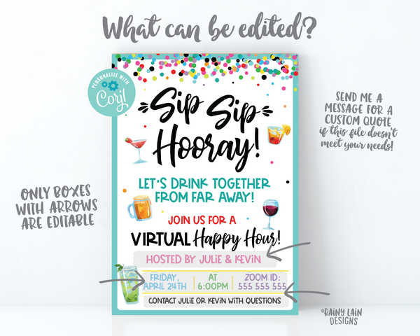 Virtual Happy Hour Invitation, Sip Sip Hooray Let's Drink Together from Far Away, Virtual Party Invitation, Quarantini, Social Distancing
