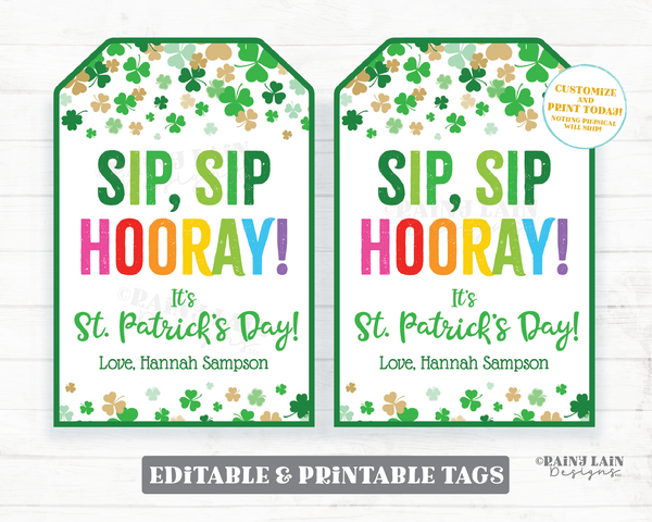 St Patrick's Day Straw Tags Sip Sip Hooray Silly Clover Krazy Cup Shamrock Crazy Drink Preschool Classroom Printable Kid Non-Candy Editable