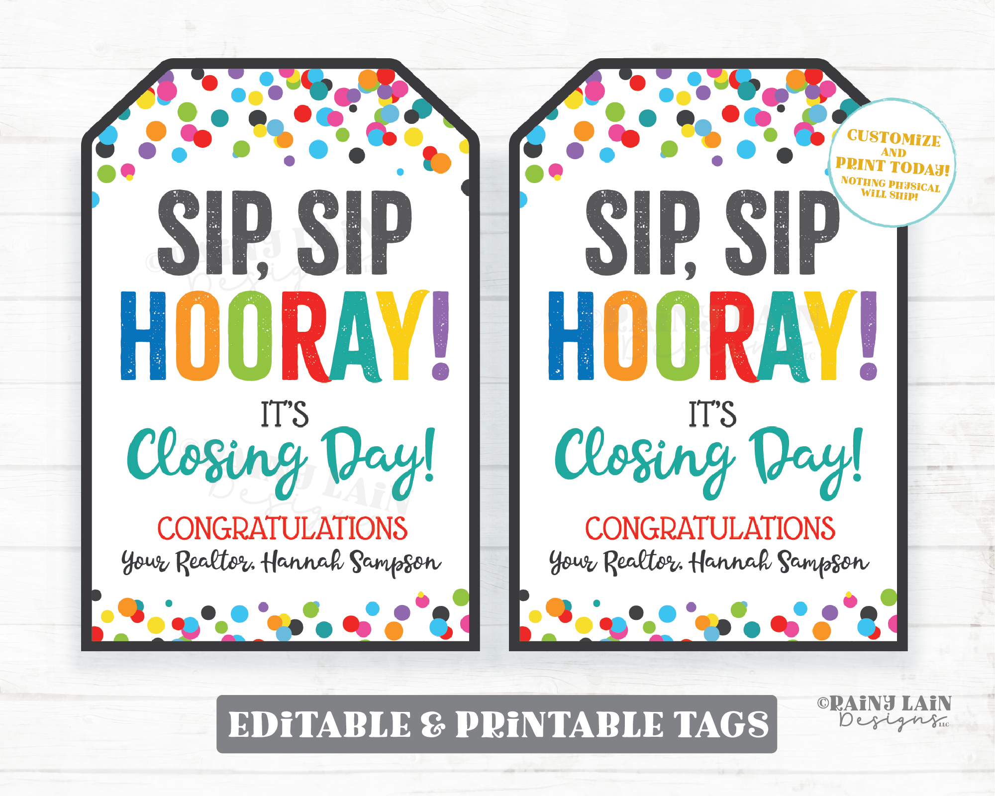 Sip Sip Hooray It's Closing Day Tags Realtor Client Gift Wine Spirits Alcohol Reusable Straw Cup Mug Congratulations New Home Printable