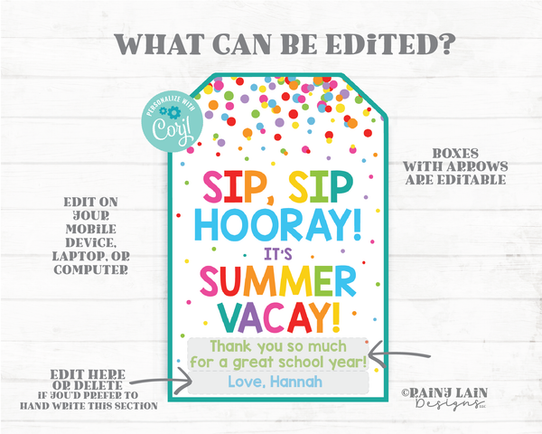 Sip Sip Hooray It's Summer Vacay Tags End of School Year Teacher Gift Tags Reusable Straw Tags Cup Gift Tags Thank you tag Printable Tags