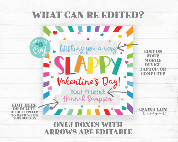 Slappy Valentine's Day Tag Slap Bracelet Valentine Easy Editable Valentine Preschool Classroom Printable Kids Non-Candy Valentine Tags