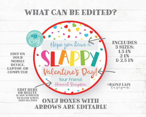 Slappy Valentine's Day Tag Round Slap Bracelet Valentine Circle Tag Slappy Hand Preschool Classroom Printable Kids Non-Candy Valentine Tags