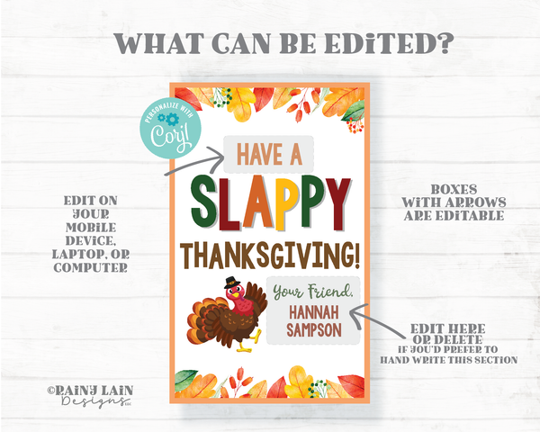 Slappy Thanksgiving Tag Slap Bracelet Card Happy Thanksgiving Gift Tags Preschool Classroom Printable Kids Non-Candy Editable Ideas