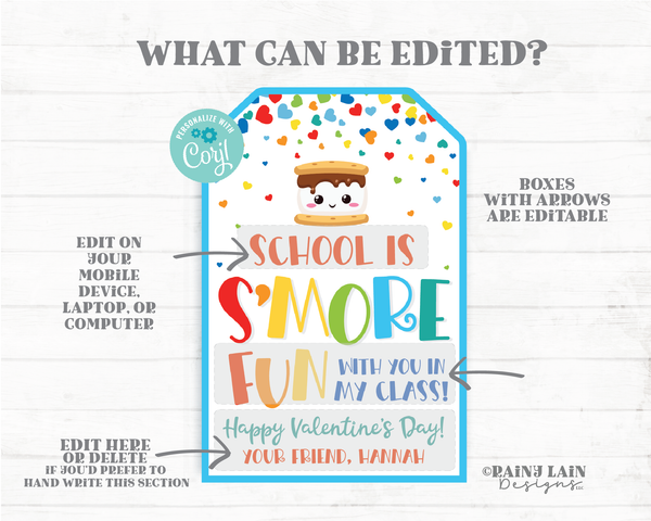 S'mores Valentine Tag Marshmallow School is s'more fun with you Valentine's day Editable Classroom Preschool Printable from teacher student