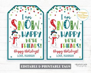 I am SNOW glad we're friends Tag Happy we are friends Printable Winter Christmas Editable Holiday Favor Snowman Student Classroom Gift Tag