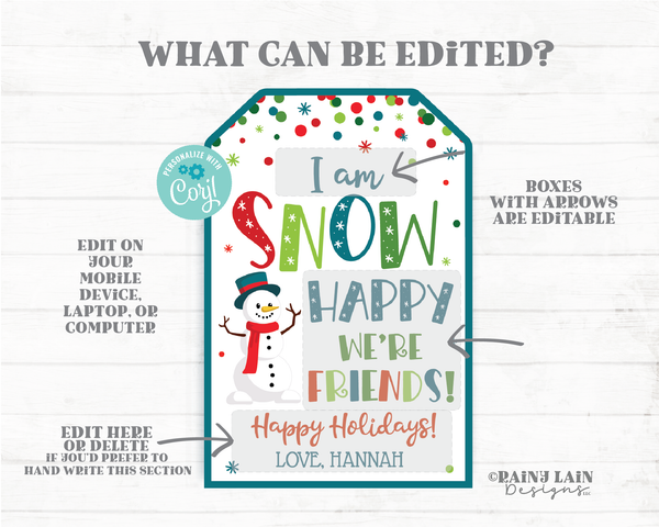 I am SNOW glad we're friends Tag Happy we are friends Printable Winter Christmas Editable Holiday Favor Snowman Student Classroom Gift Tag