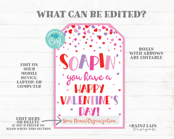 Soap Valentine Editable Soapin' Happy Valentine's day Tag Dish Hand Printable Teacher Staff Employee Appreciation Valentine Gift Tag PTO