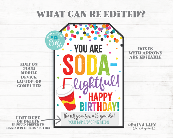 You Are SODAlightful Happy Birthday Tag Soda Gift Soda Pop Employee Appreciation Co-Worker Staff Corporate Teacher PTO School Sodalighted