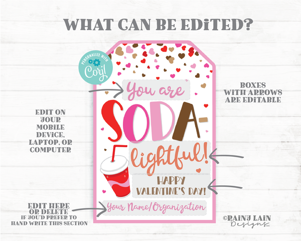 You Are SODAlightful Valentine Tag Editable Valentine's Day Soda Gift Sodalighted Pop Employee Co-Worker Staff Appreciation Teacher PTO