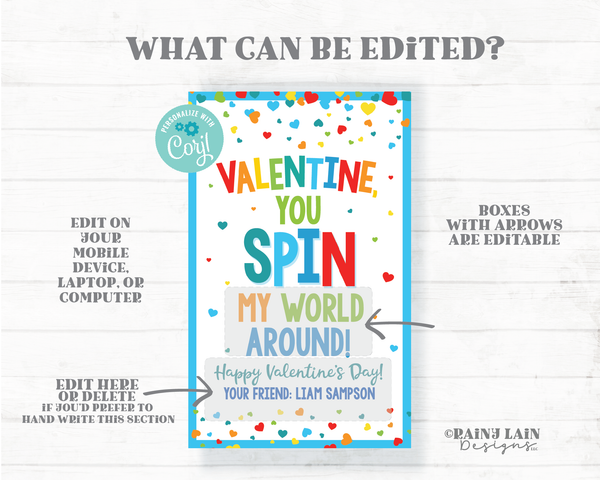 You Spin My World Around Valentine Tag Card Fidget Spinner Valentine Gift Tag Spin Toy Preschool Classroom Printable Kids Non-Candy Editable