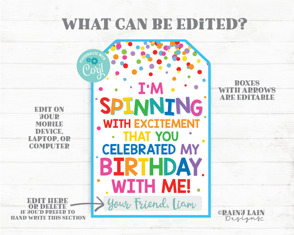 I'm spinning with excitement that you celebrated my birthday with me spin fidget toy spinner birthday favor party favor tags