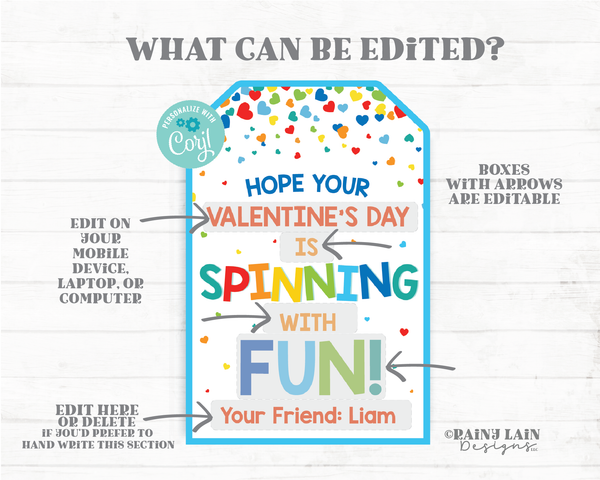 Spinning with Fun Valentine Tag Spinner Fidget Spin Toy Pop Gift Printable Preschool Editable Classroom Kids Non-Candy Valentine Tag