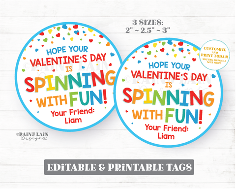 Spinning with Fun Tag Fidget Spinner Valentine Pop Spin Toy Gift Tag Preschool Classroom Printable Kids Non-Candy Editable Valentine Tag