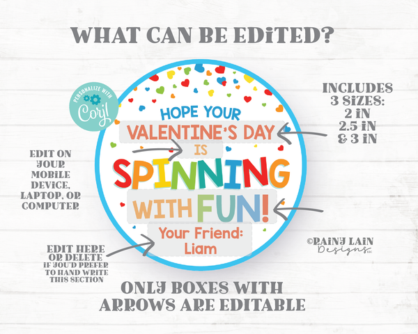 Spinning with Fun Tag Fidget Spinner Valentine Pop Spin Toy Gift Tag Preschool Classroom Printable Kids Non-Candy Editable Valentine Tag