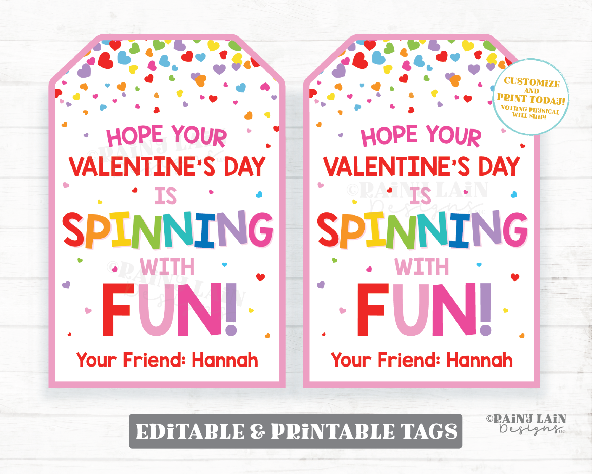 Spinner Valentine Spinning with Fun Tag Fidget Pop Gift Spin Toy Printable Preschool Classroom Kids Non-Candy Valentine Tag Editable