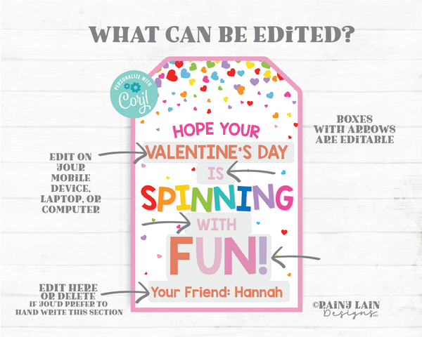 Spinner Valentine Spinning with Fun Tag Fidget Pop Gift Spin Toy Printable Preschool Classroom Kids Non-Candy Valentine Tag Editable