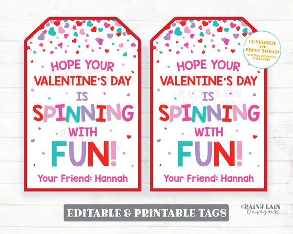 Spinning with Fun Tag Fidget Spinner Valentine Pop Gift Tag Spin Toy Preschool Classroom Printable Kids Non-Candy Valentine Tag Editable