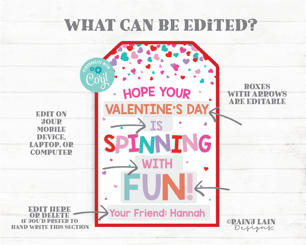 Spinning with Fun Tag Fidget Spinner Valentine Pop Gift Tag Spin Toy Preschool Classroom Printable Kids Non-Candy Valentine Tag Editable