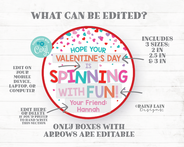 Spinning with Fun Tag Fidget Spinner Valentine Pop Spin Toy Gift Tag Classroom Preschool Printable Kids Editable Non-Candy Valentine Tag