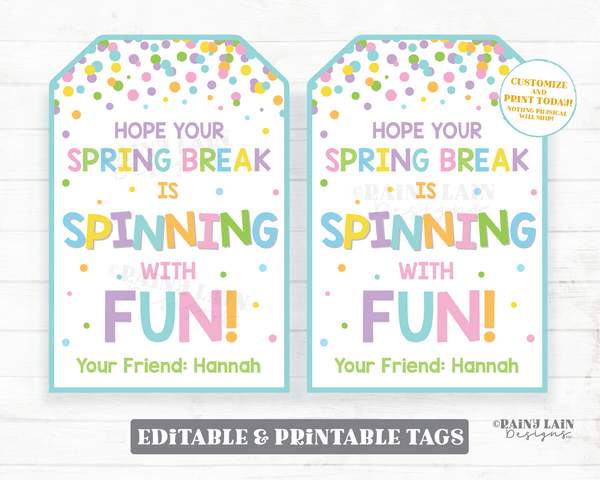 Spinning with Fun Tag Spring Break Fidget Spinner Easter Pop Gift Tag Spin Toy Preschool Classroom Printable Kids Non-Candy Editable
