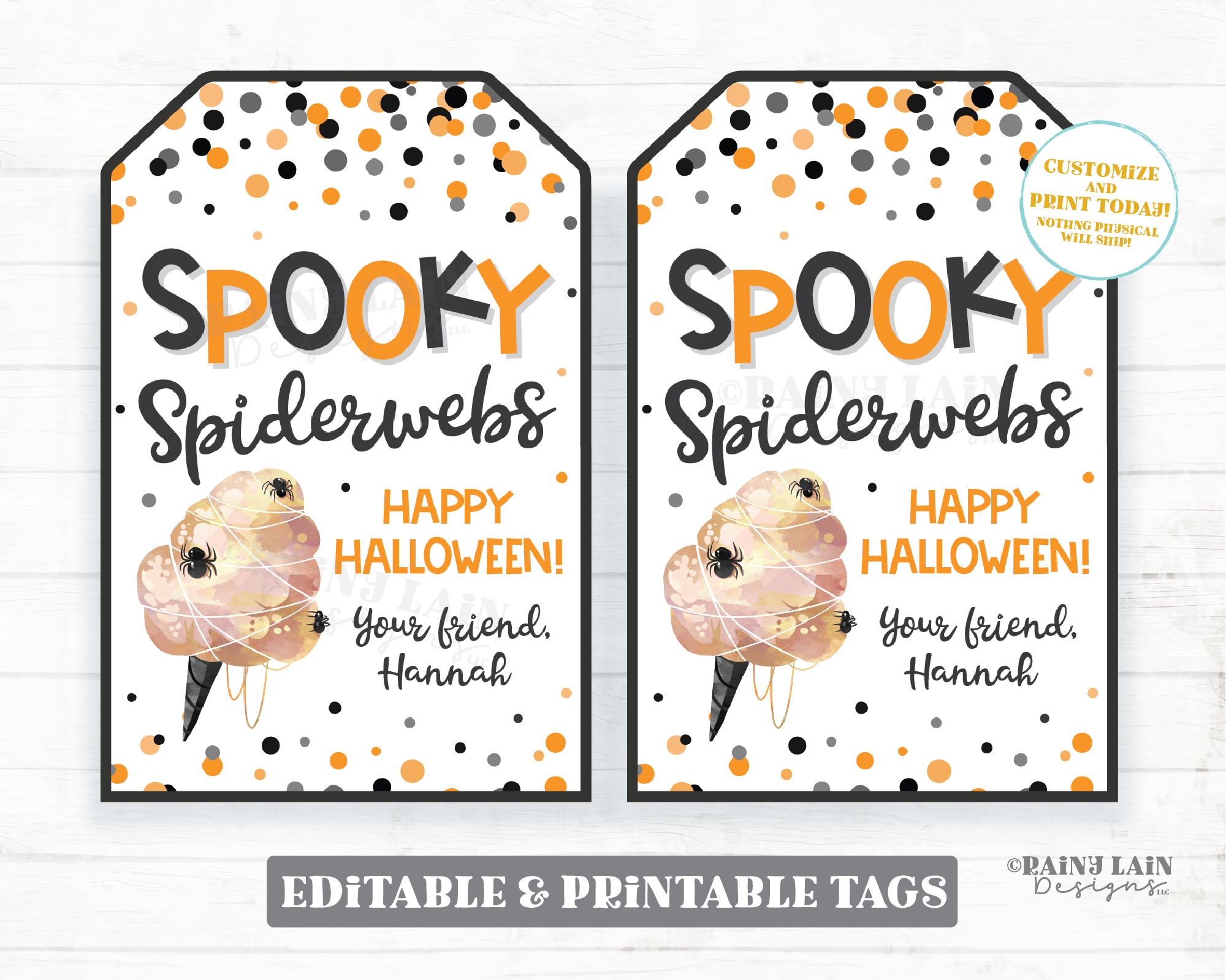 Spooky Spiderwebs Halloween Tag Spider Cotton Candy Gift Favor Prize Student Classroom Preschool Kids School PTO Editable Tag