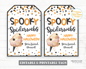 Spooky Spiderwebs Halloween Tag Spider Cotton Candy Gift Favor Prize Student Classroom Preschool Kids School PTO Editable Tag