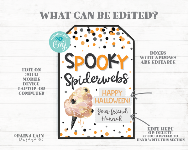 Spooky Spiderwebs Halloween Tag Spider Cotton Candy Gift Favor Prize Student Classroom Preschool Kids School PTO Editable Tag