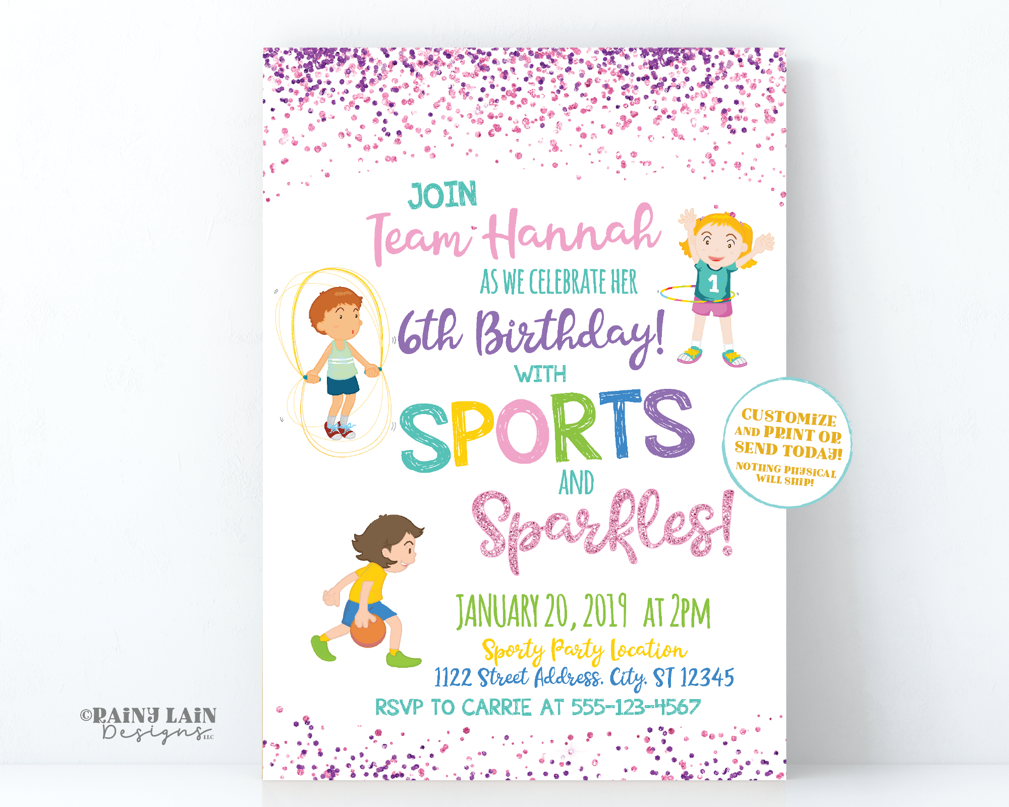 Sports and Sparkles Invitation, Girl Sports Party Invite, Sport Party Girl, Hoola Hoop Jump Rope, Basketball, Sports Invite, Sparkles Invite