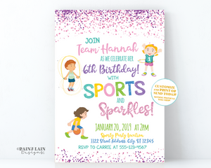 Sports and Sparkles Invitation, Girl Sports Party Invite, Sport Party Girl, Hoola Hoop Jump Rope, Basketball, Sports Invite, Sparkles Invite